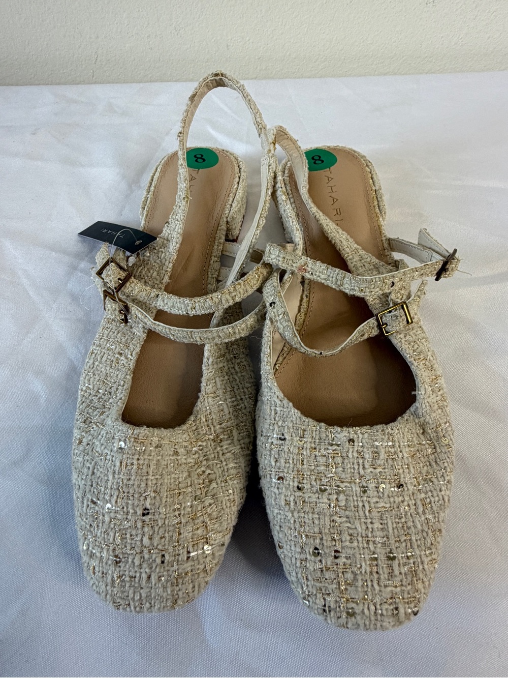 Tahari Cream Tweed Slingback Mules with Sequins